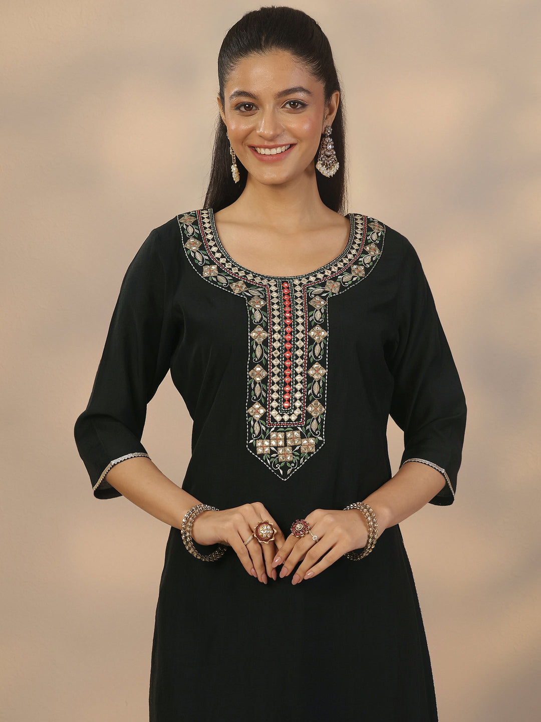Black Yoke Design Silk Blend Straight Suit Set With Dupatta