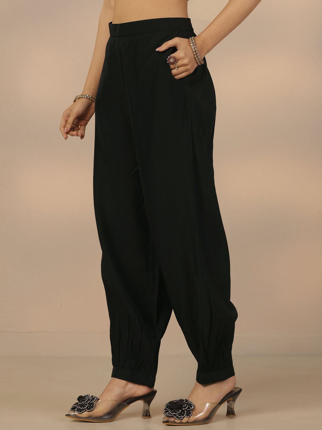 Black Yoke Design Silk Blend Straight Suit Set With Dupatta