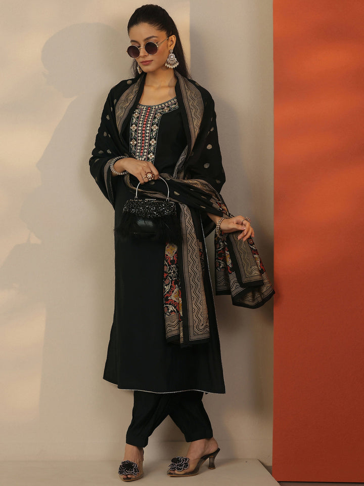 Black Yoke Design Silk Blend Straight Suit Set With Dupatta