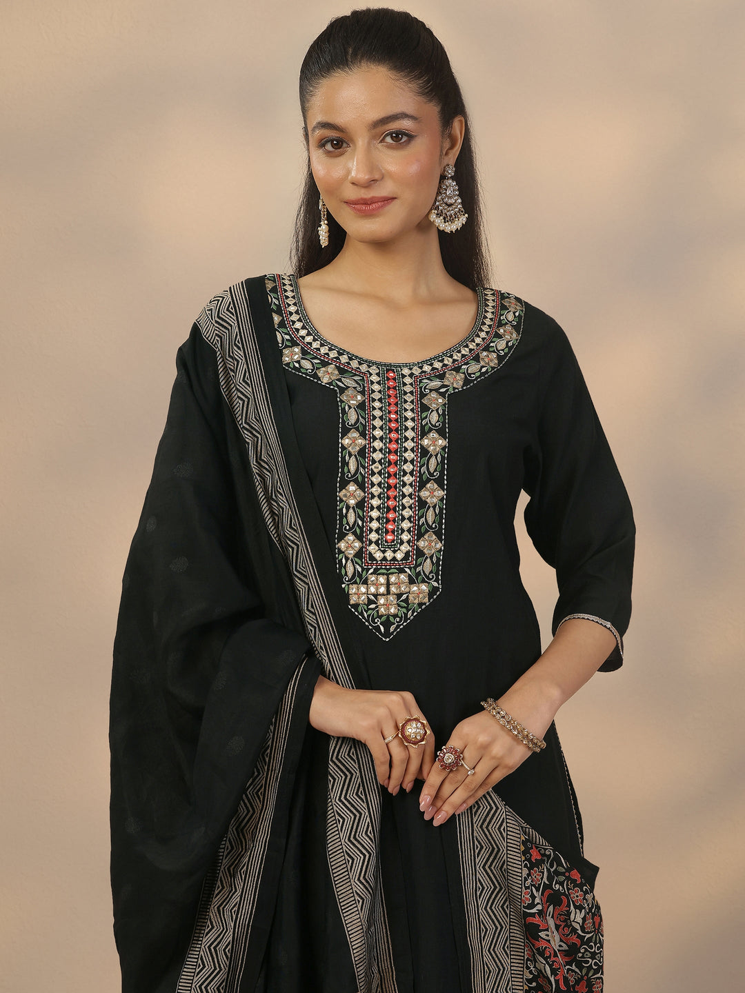 Black Yoke Design Silk Blend Straight Suit Set With Dupatta