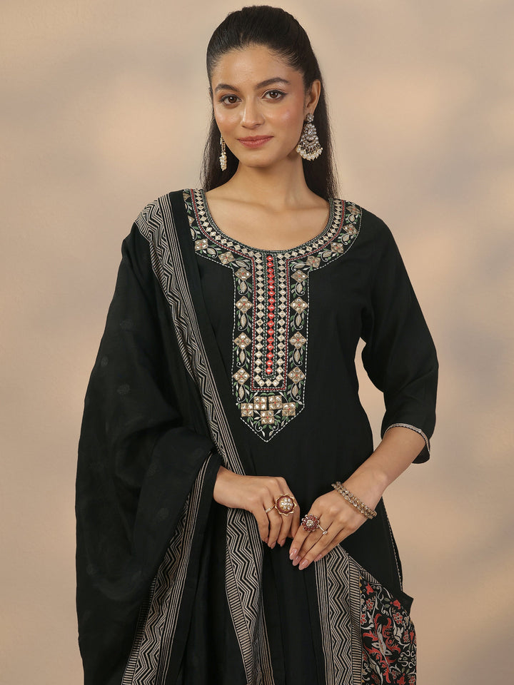 Black Yoke Design Silk Blend Straight Suit Set With Dupatta