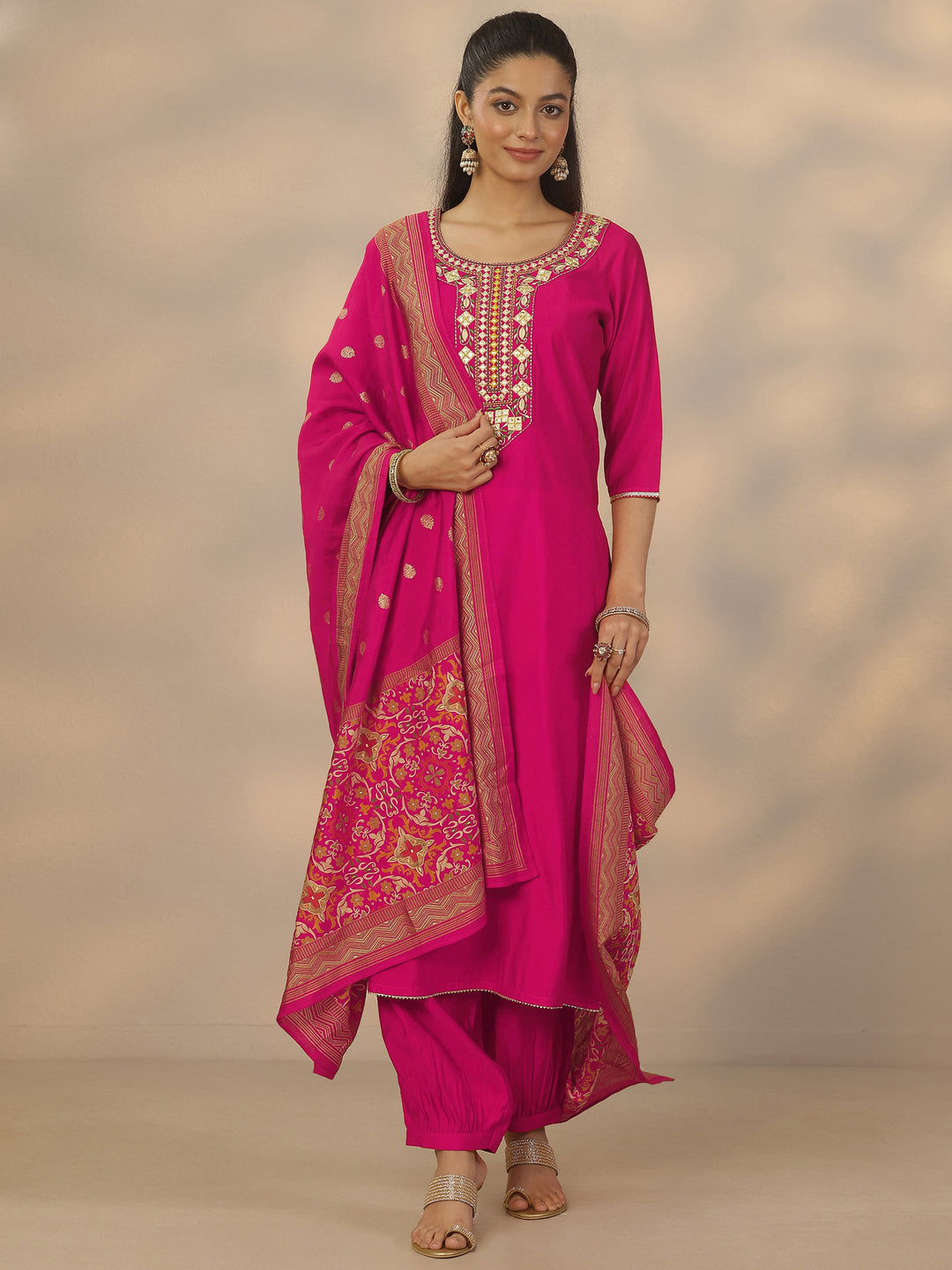 Pink Yoke Design Silk Blend Straight Suit Set With Dupatta