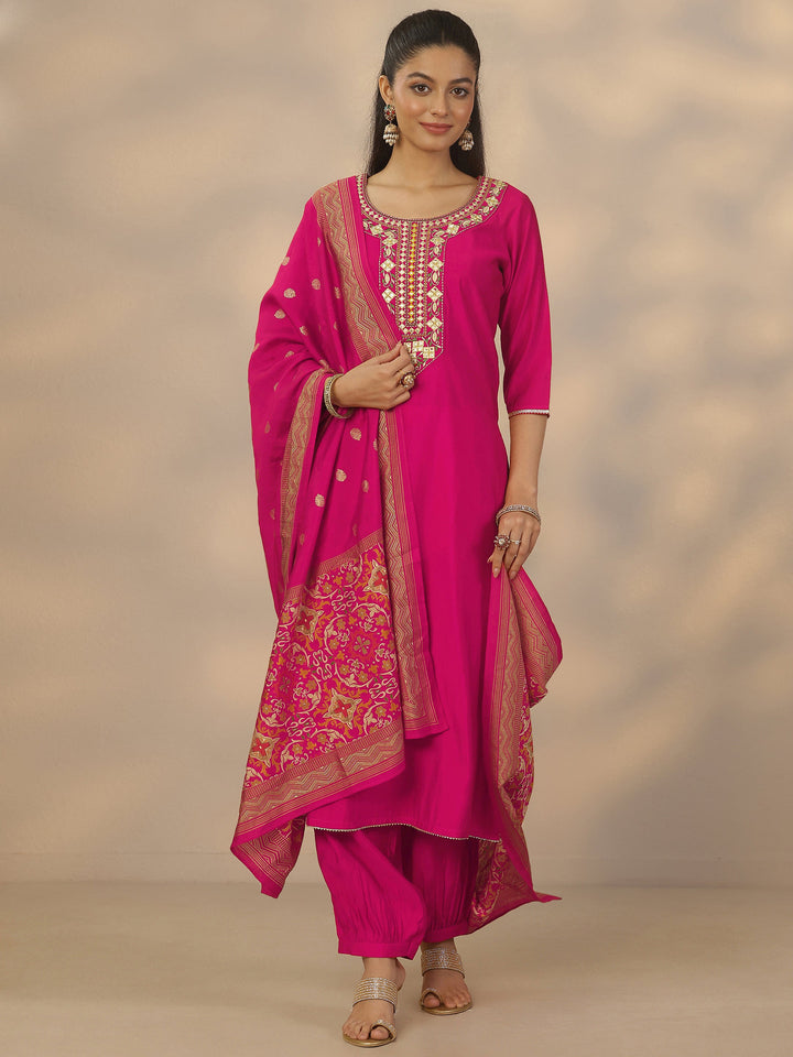 Pink Yoke Design Silk Blend Straight Suit Set With Dupatta