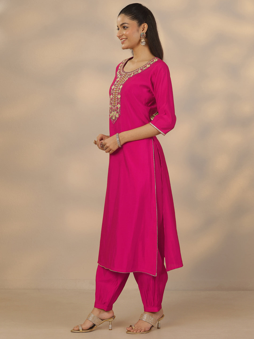 Pink Yoke Design Silk Blend Straight Suit Set With Dupatta