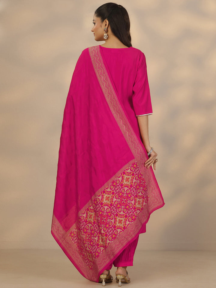 Pink Yoke Design Silk Blend Straight Suit Set With Dupatta