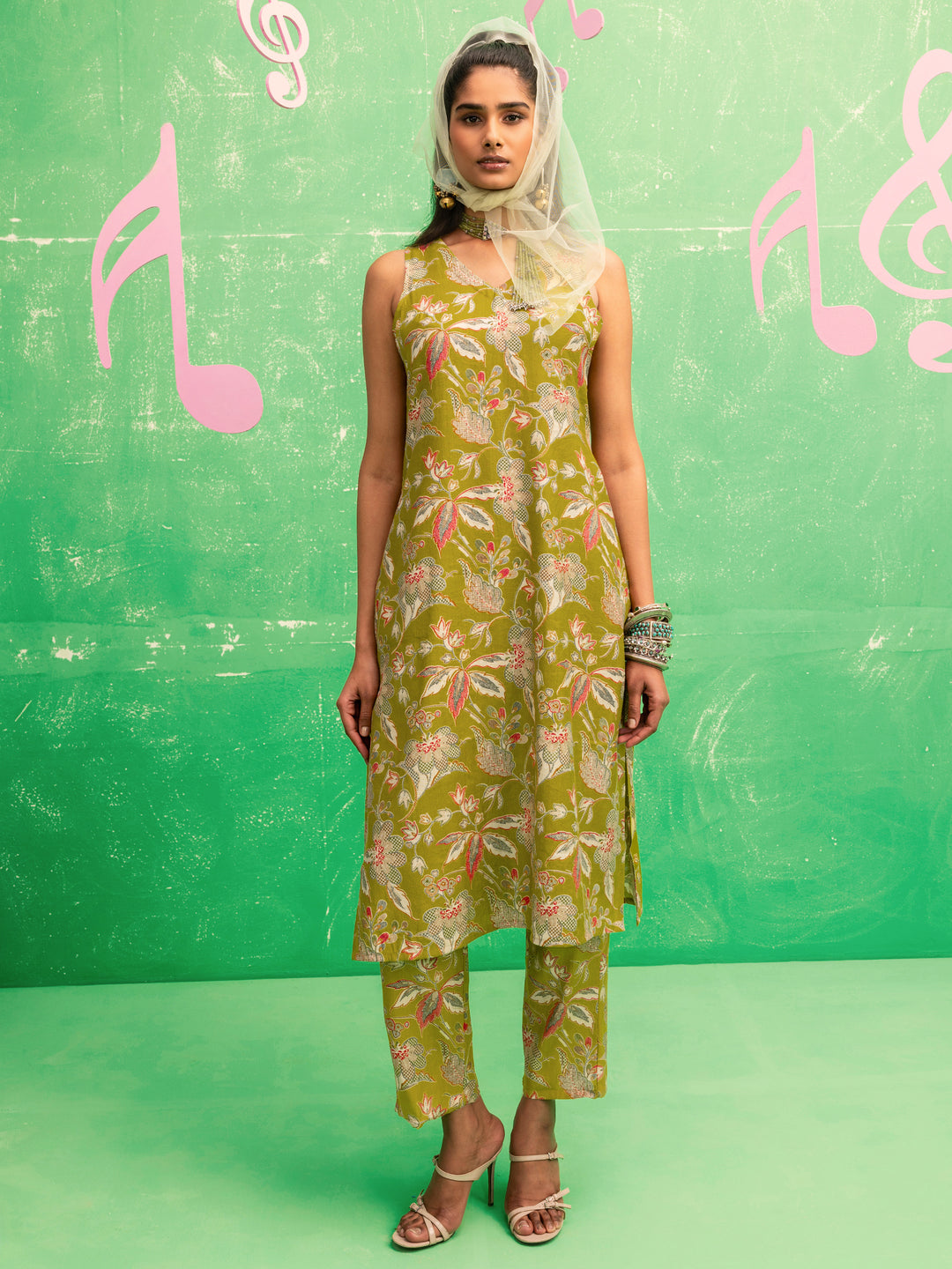 Senorita Green Printed Silk Blend Co-Ord Set