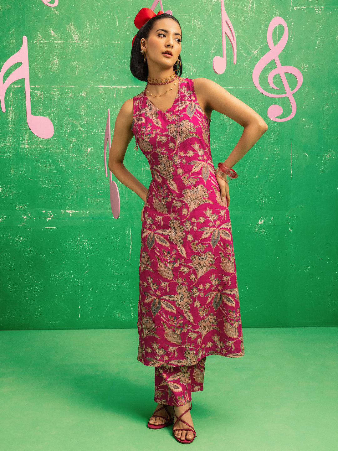 Bonita Pink Printed Silk Blend Co-Ord Set