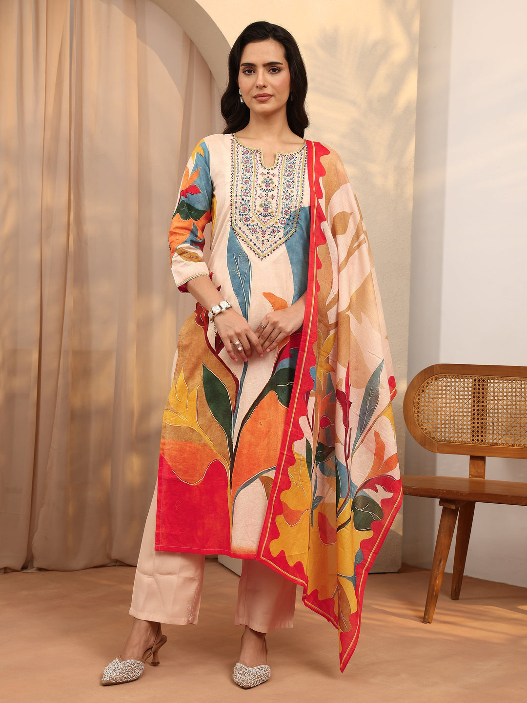 Multi Printed Cotton Straight Suit Set With Dupatta