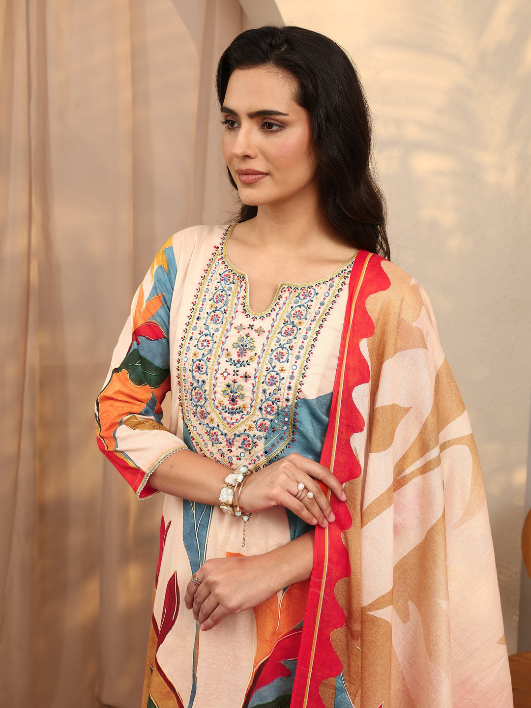 Multi Printed Cotton Straight Suit Set With Dupatta