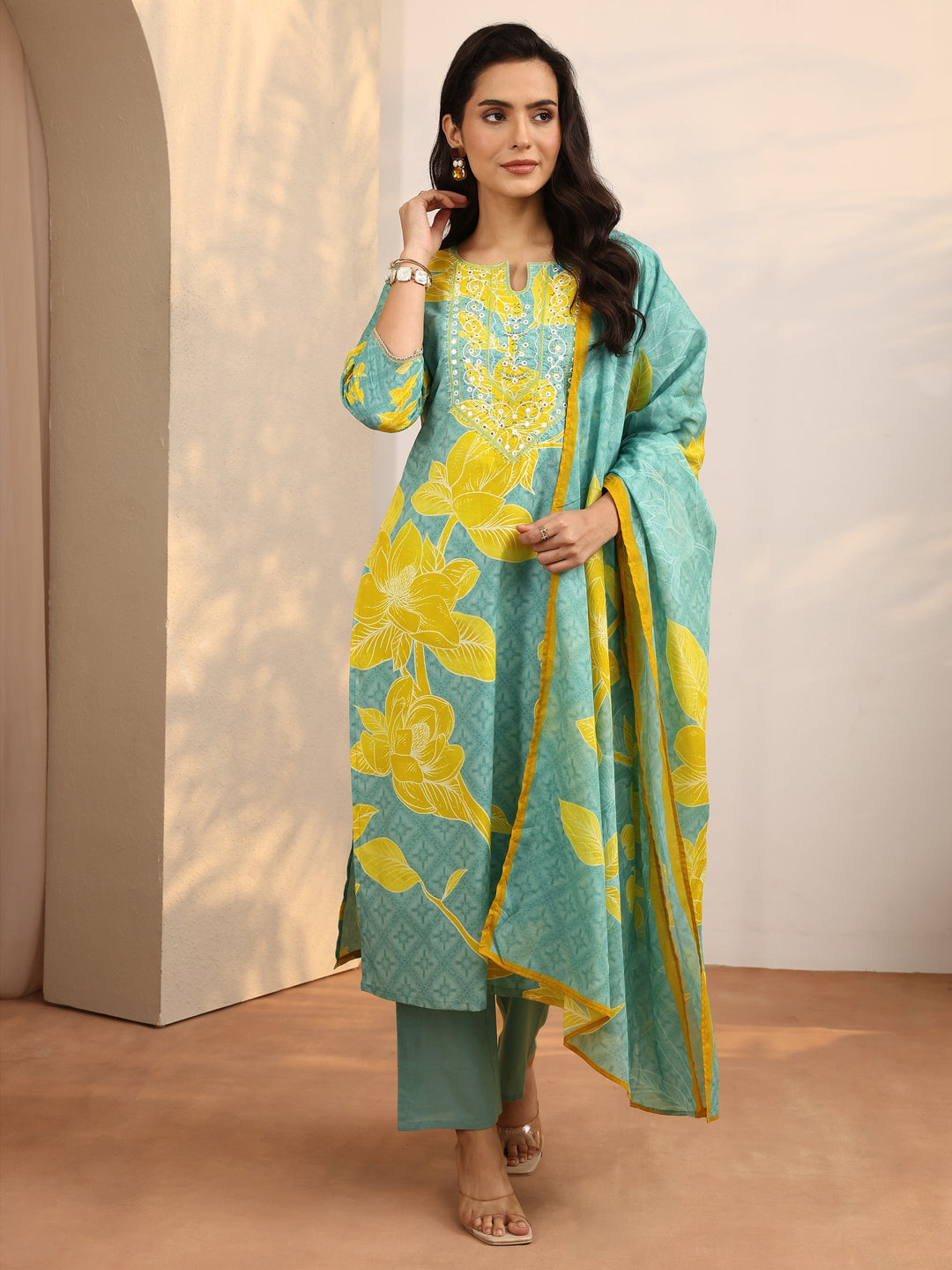 Blue Printed Cotton Straight Suit Set With Dupatta