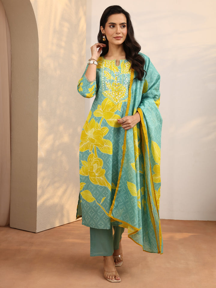 Blue Printed Cotton Straight Suit Set With Dupatta
