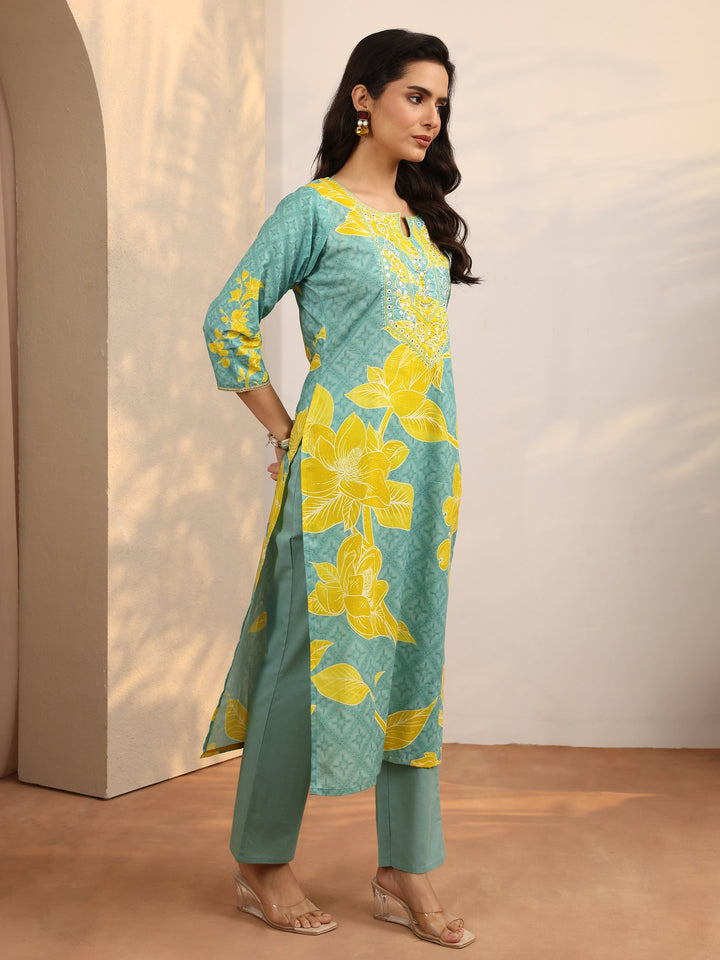 Blue Printed Cotton Straight Suit Set With Dupatta