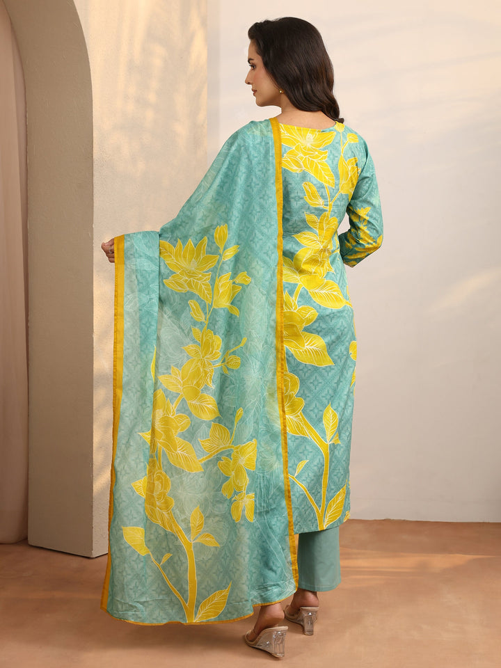 Blue Printed Cotton Straight Suit Set With Dupatta