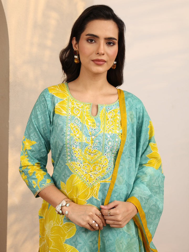 Blue Printed Cotton Straight Suit Set With Dupatta