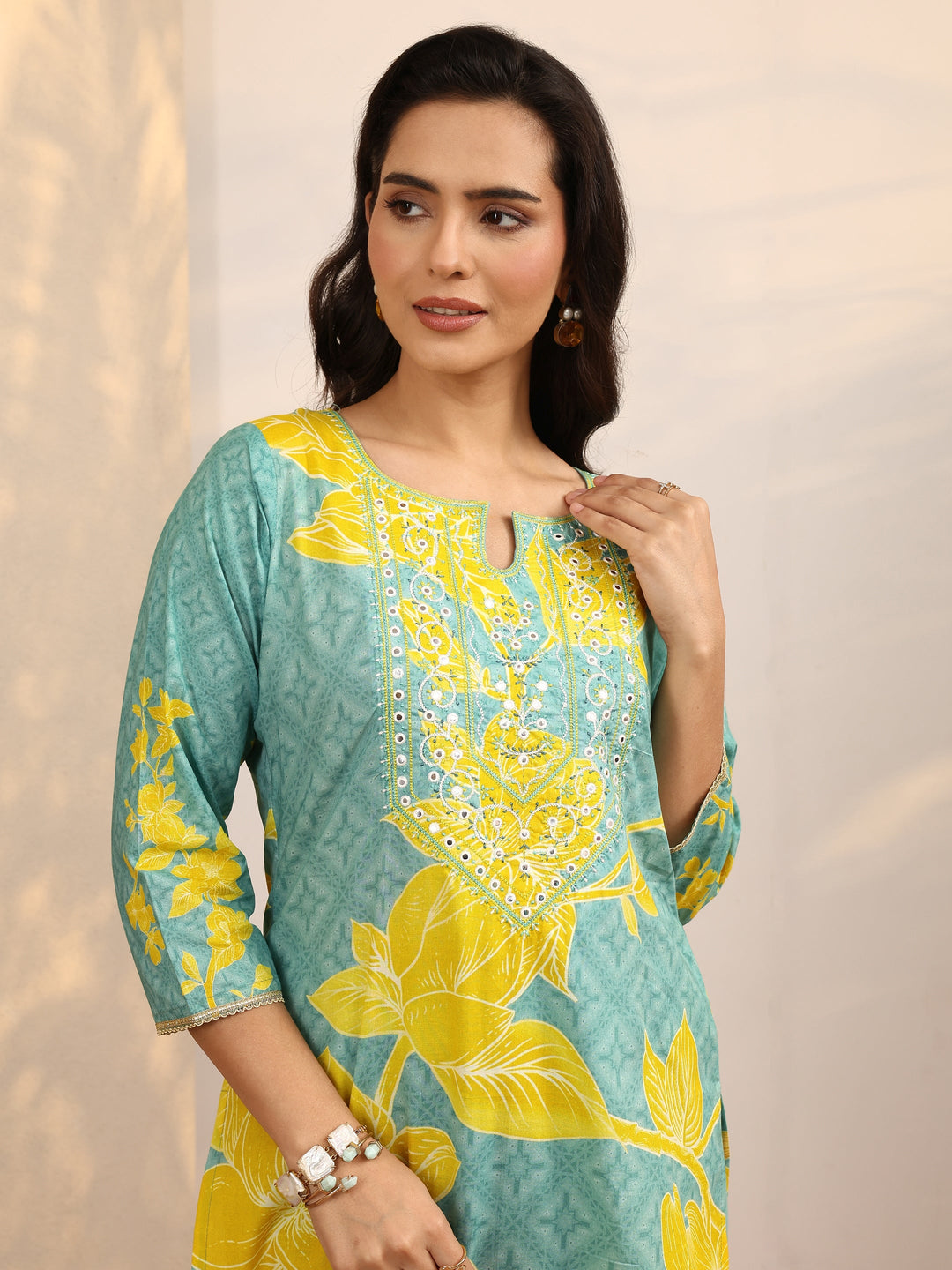 Blue Printed Cotton Straight Suit Set With Dupatta