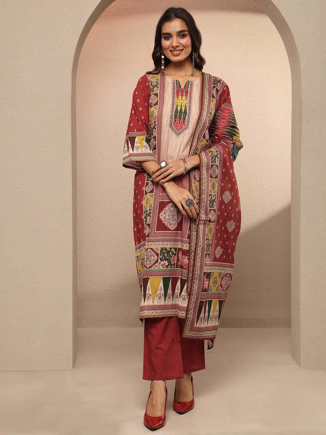 Maroon Printed Cotton Straight Suit Set With Dupatta