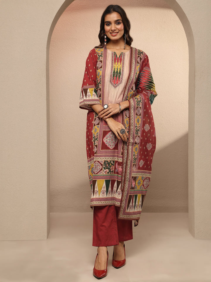 Maroon Printed Cotton Straight Suit Set With Dupatta