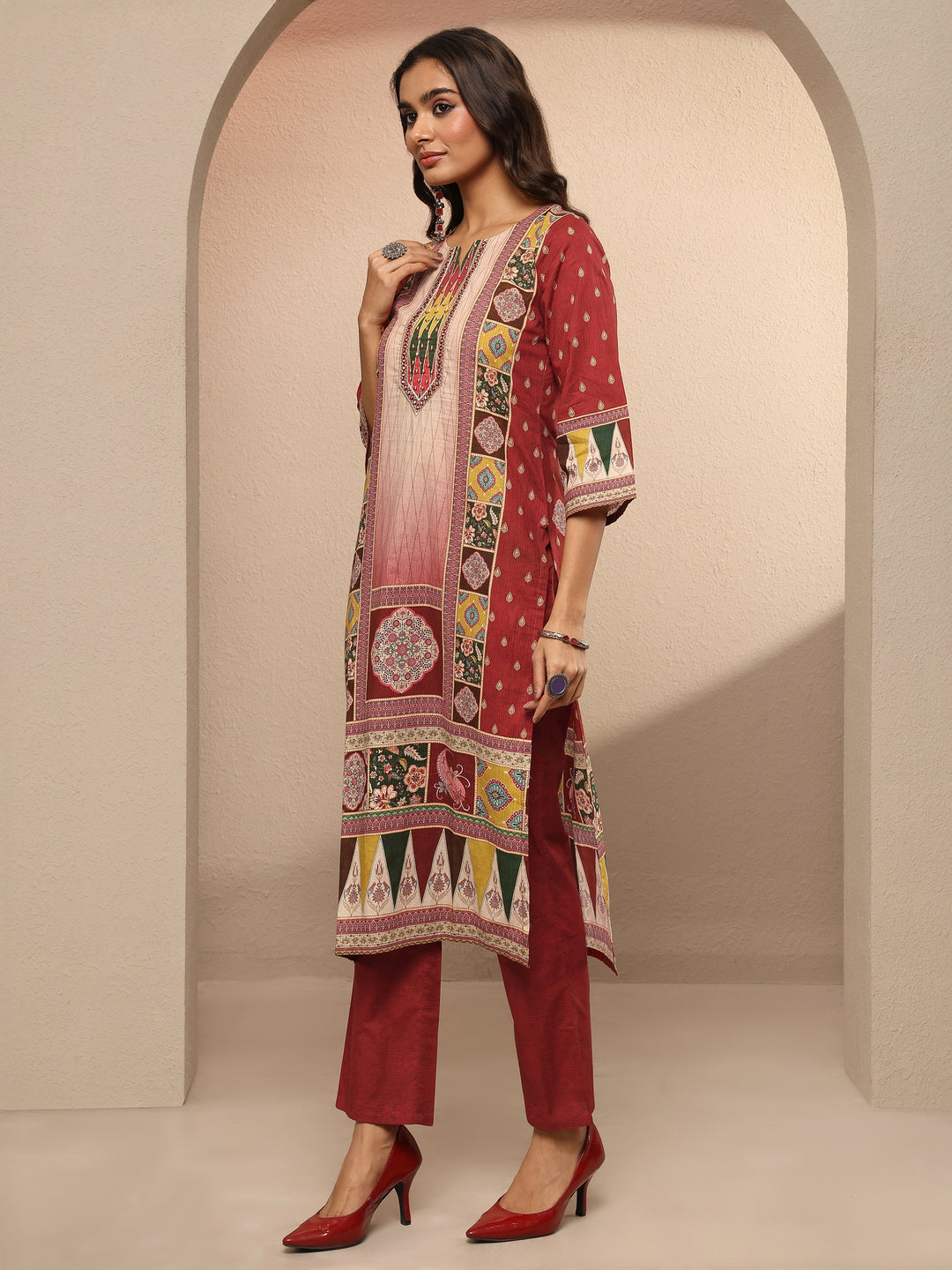 Maroon Printed Cotton Straight Suit Set With Dupatta