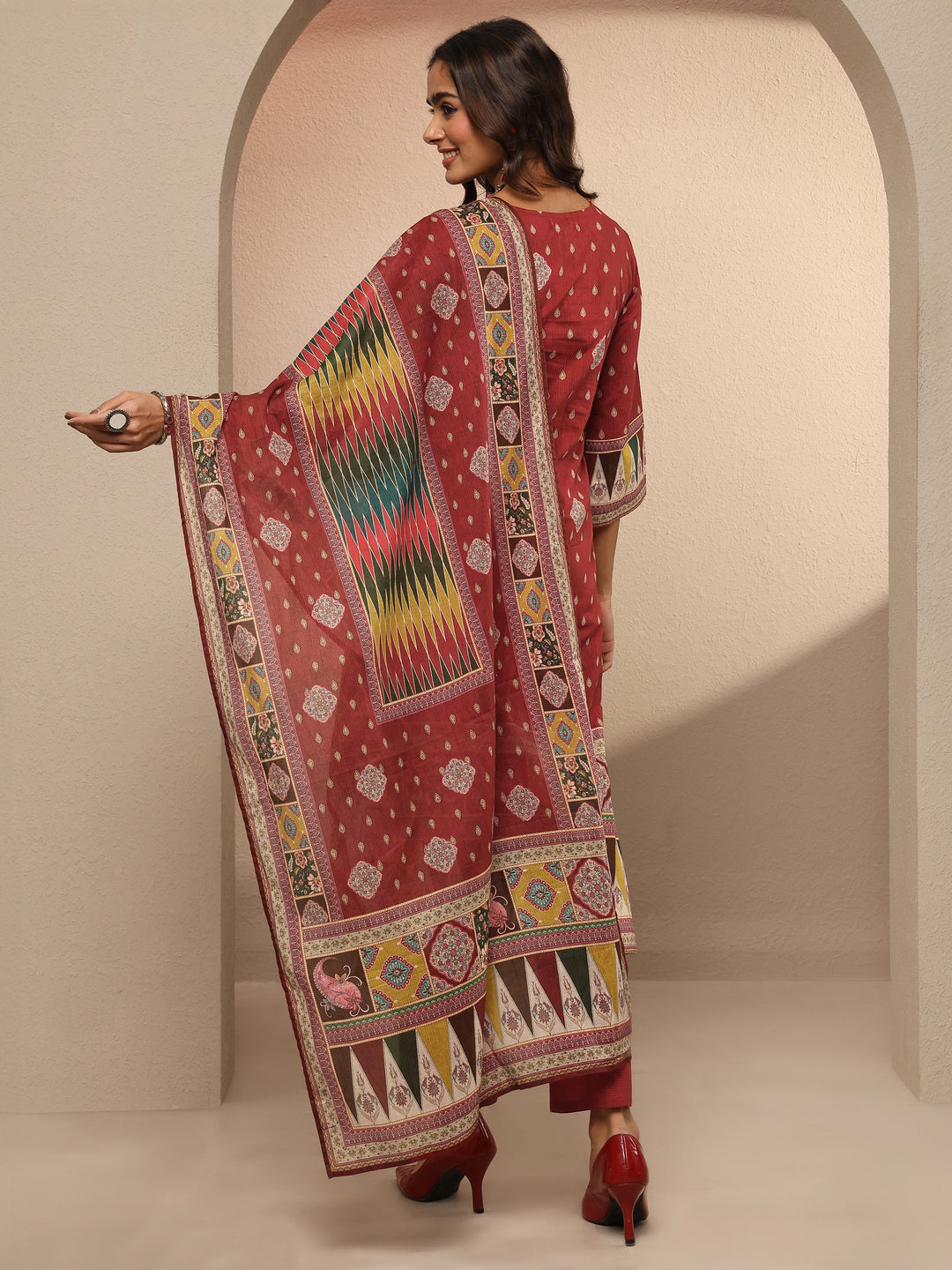 Maroon Printed Cotton Straight Suit Set With Dupatta
