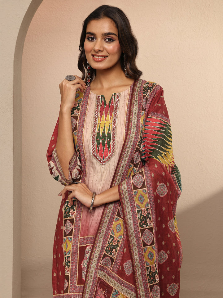 Maroon Printed Cotton Straight Suit Set With Dupatta