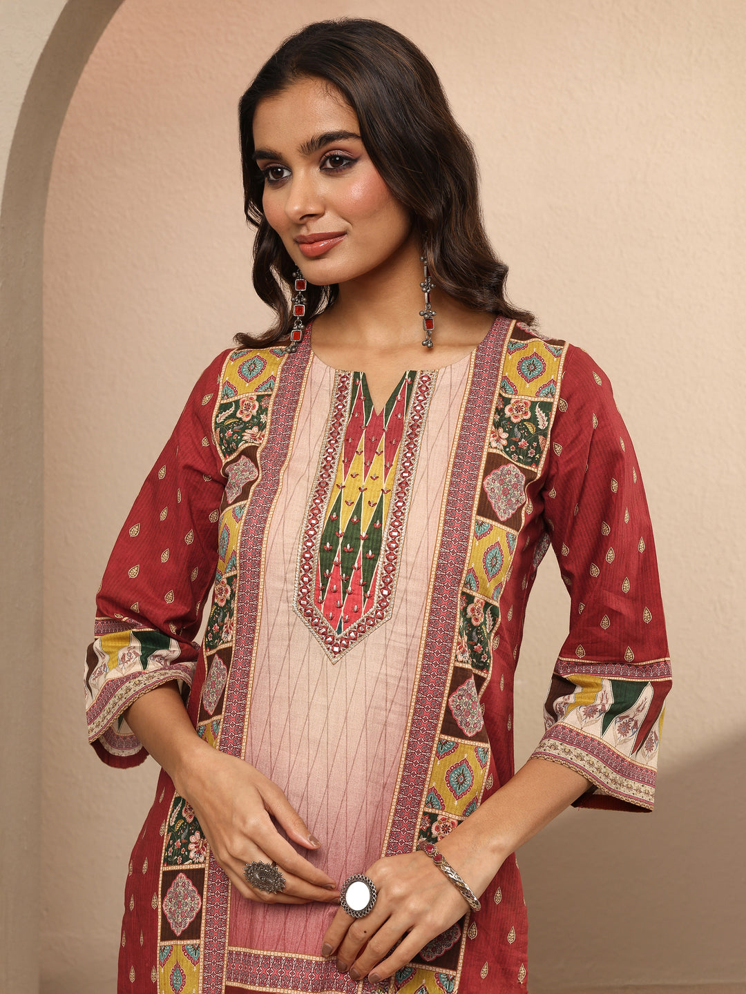 Maroon Printed Cotton Straight Suit Set With Dupatta