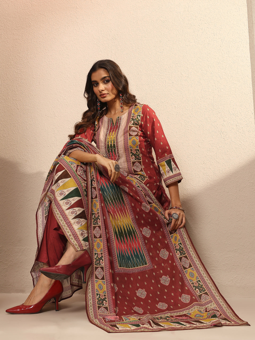 Maroon Printed Cotton Straight Suit Set With Dupatta