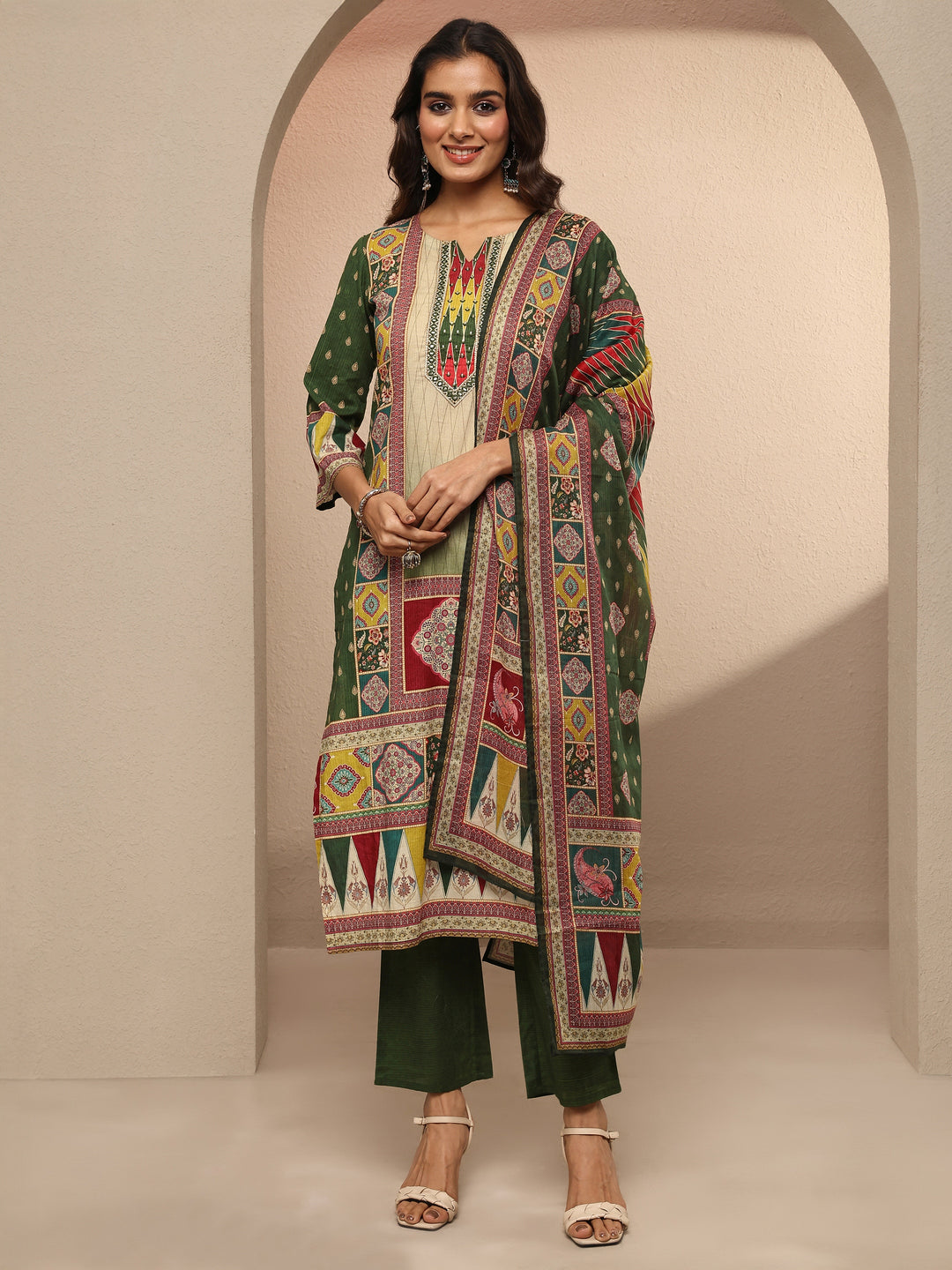 Green Printed Cotton Straight Suit Set With Dupatta