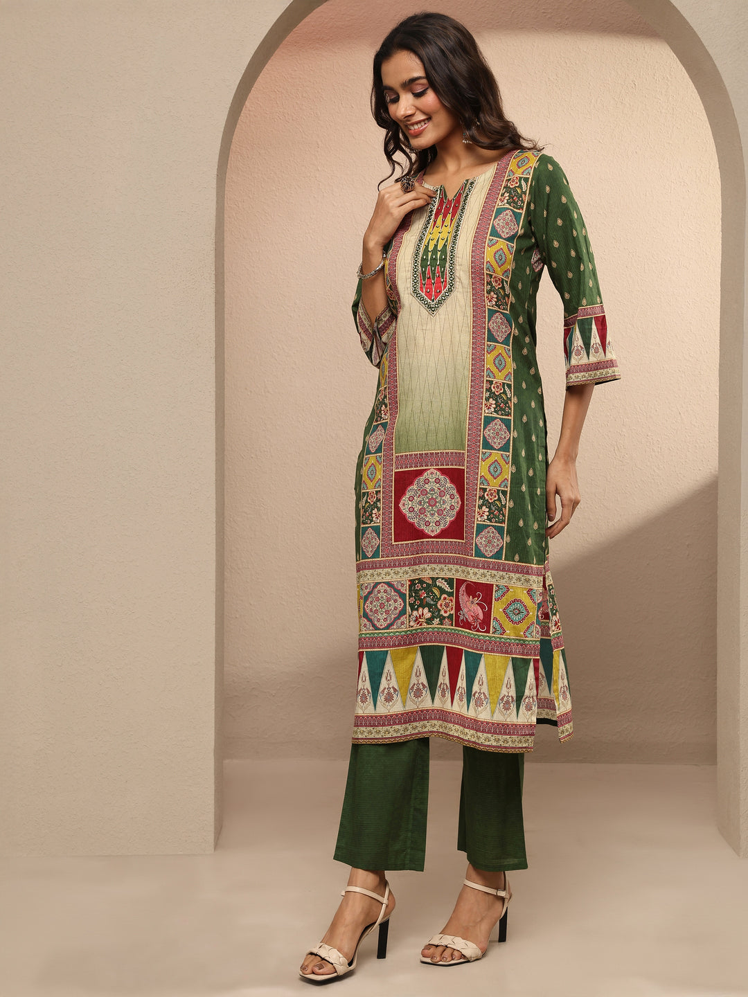 Green Printed Cotton Straight Suit Set With Dupatta