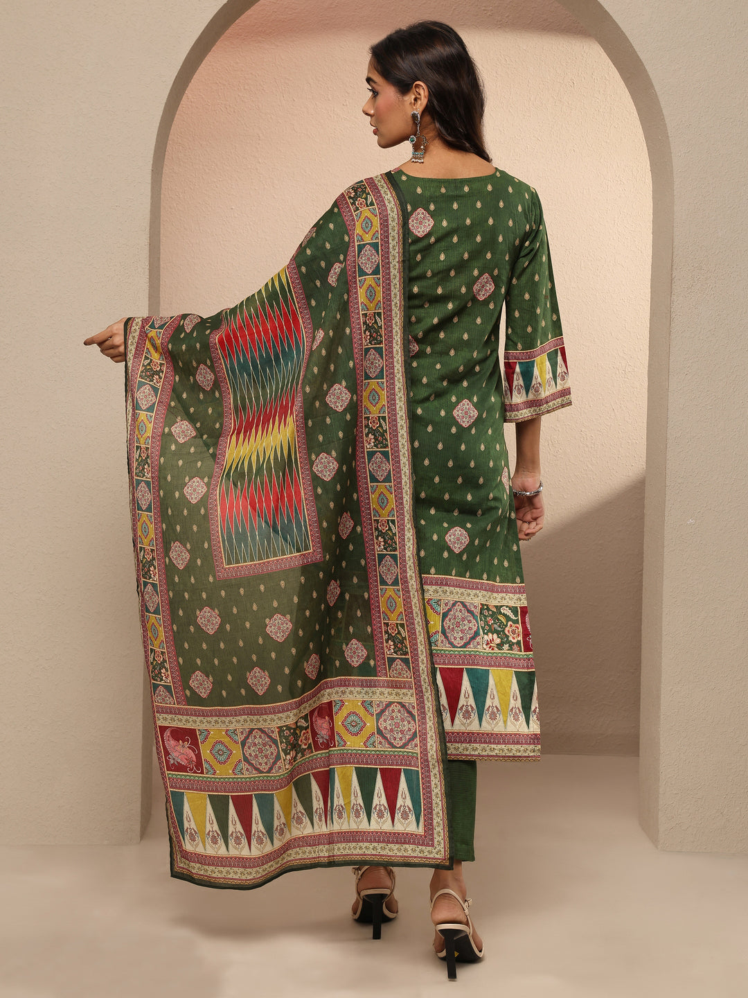 Green Printed Cotton Straight Suit Set With Dupatta