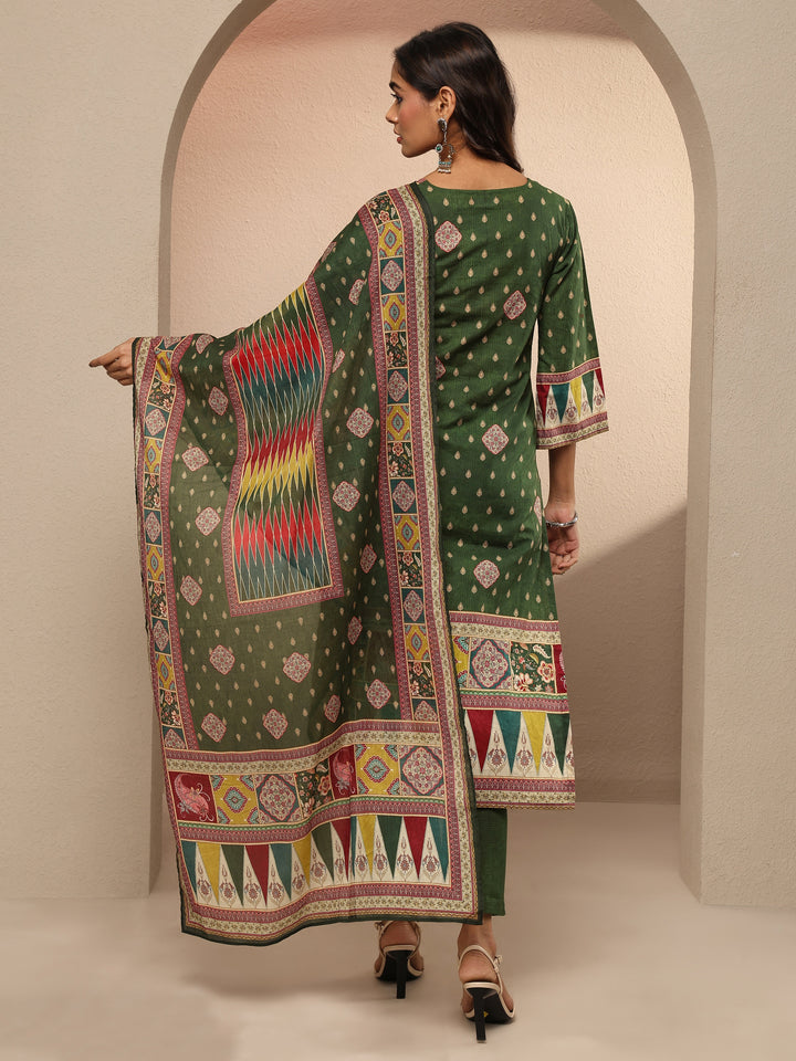 Green Printed Cotton Straight Suit Set With Dupatta