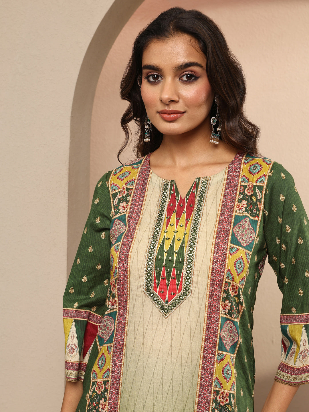 Green Printed Cotton Straight Suit Set With Dupatta