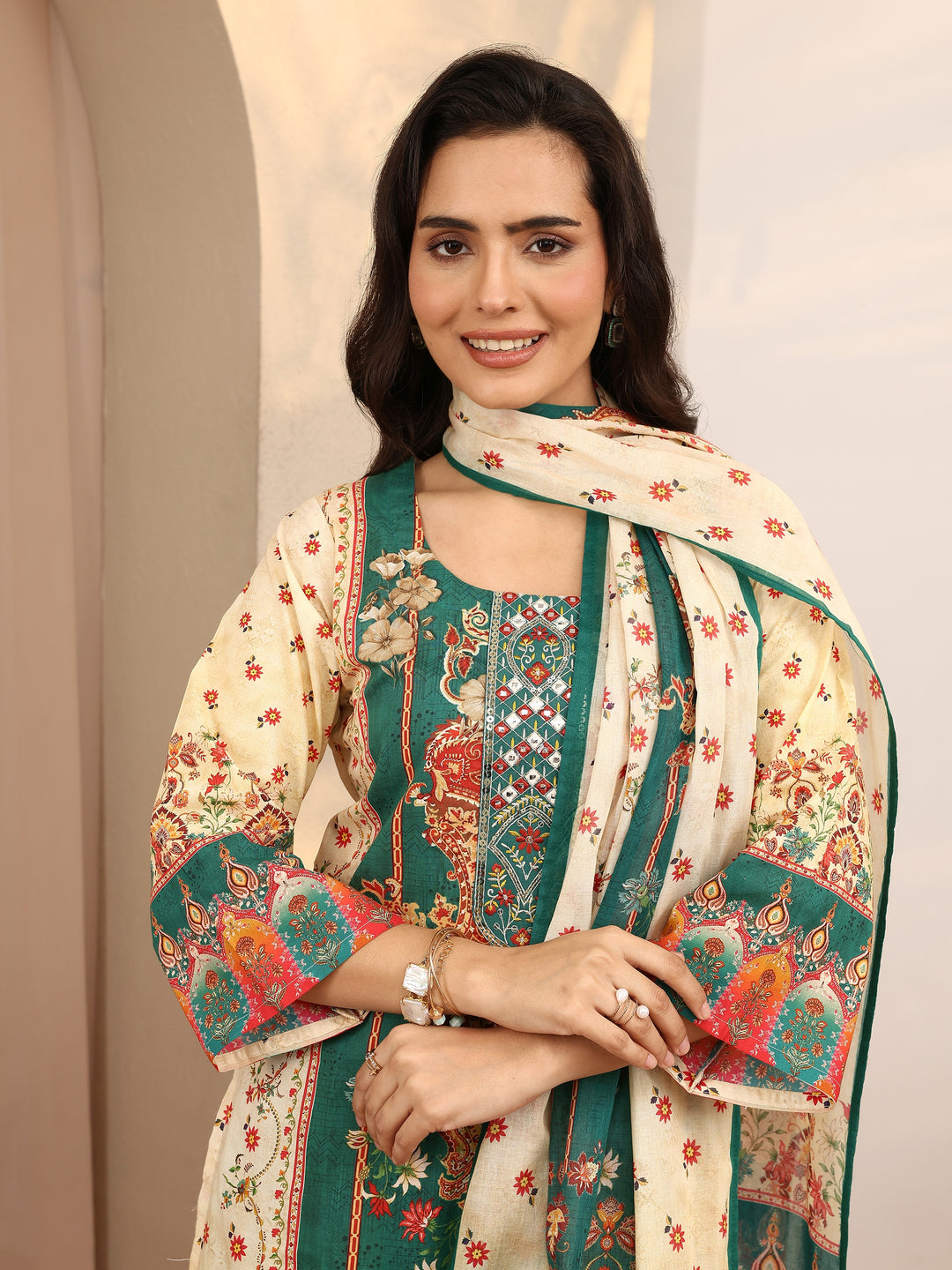 Multi Printed Cotton Straight Suit Set With Dupatta