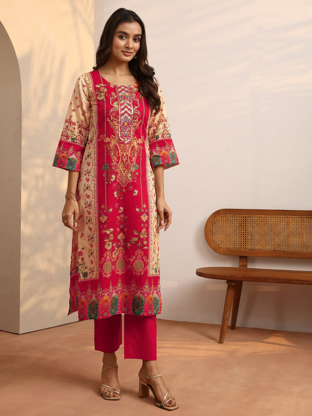Red Printed Cotton Straight Suit Set With Dupatta