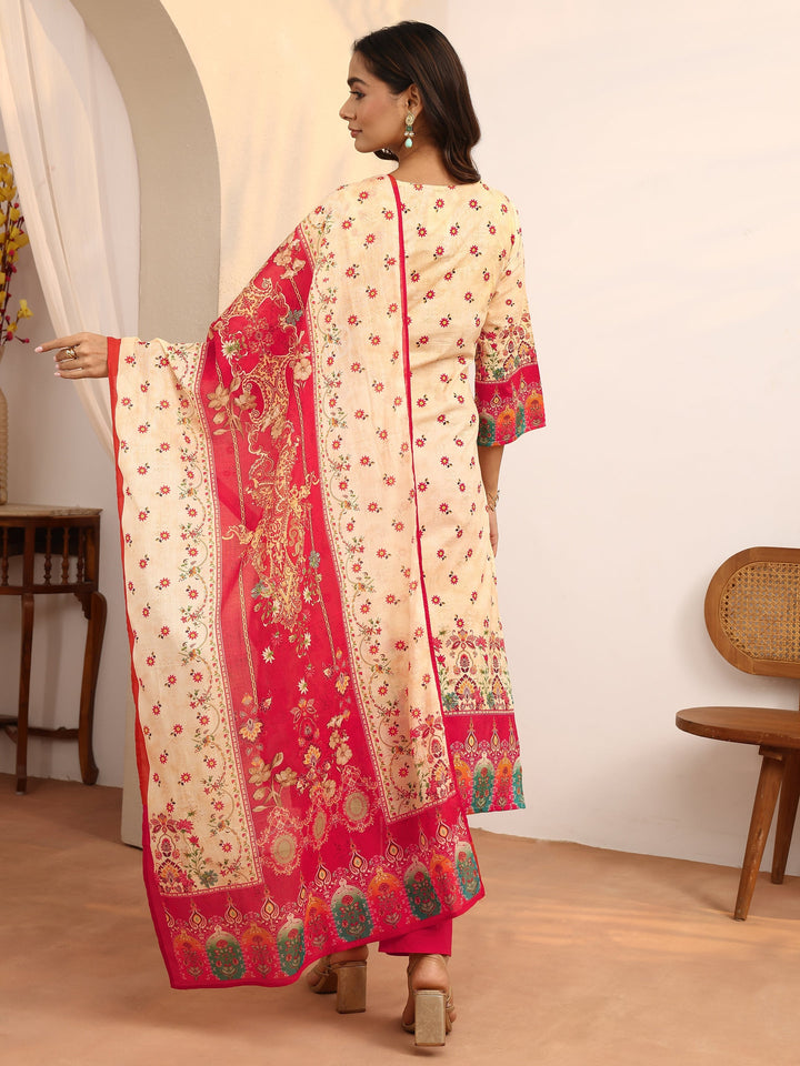 Red Printed Cotton Straight Suit Set With Dupatta