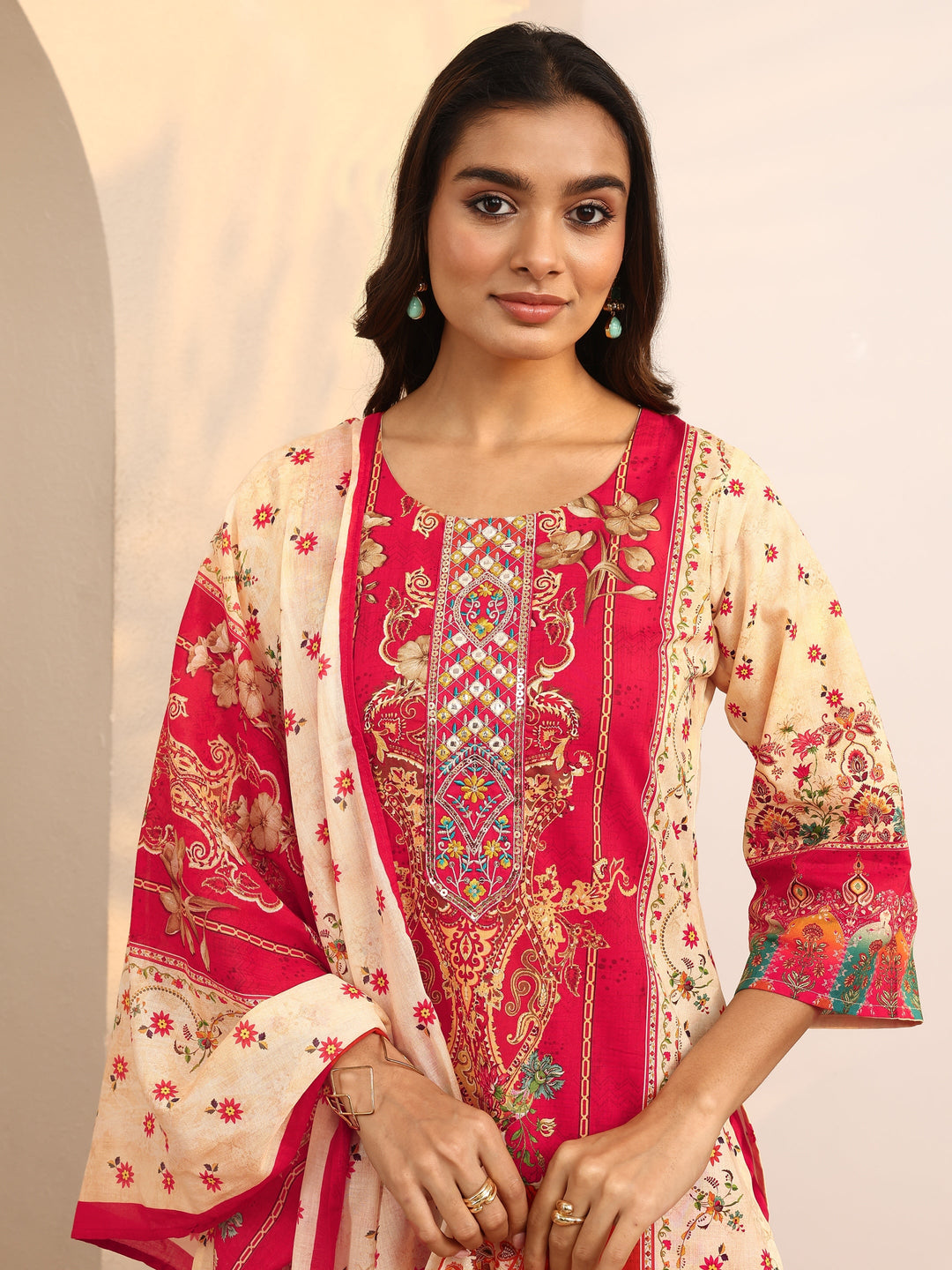 Red Printed Cotton Straight Suit Set With Dupatta