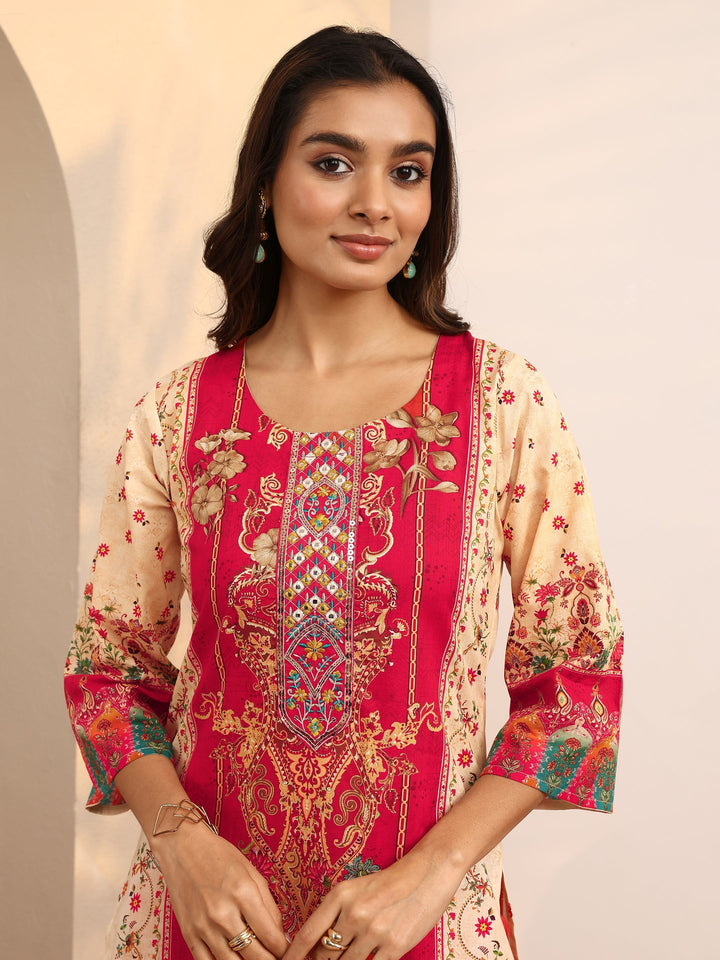 Red Printed Cotton Straight Suit Set With Dupatta