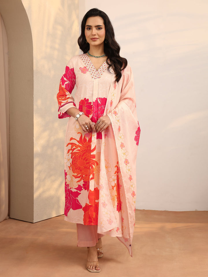 Peach Printed Cotton Straight Suit Set With Dupatta