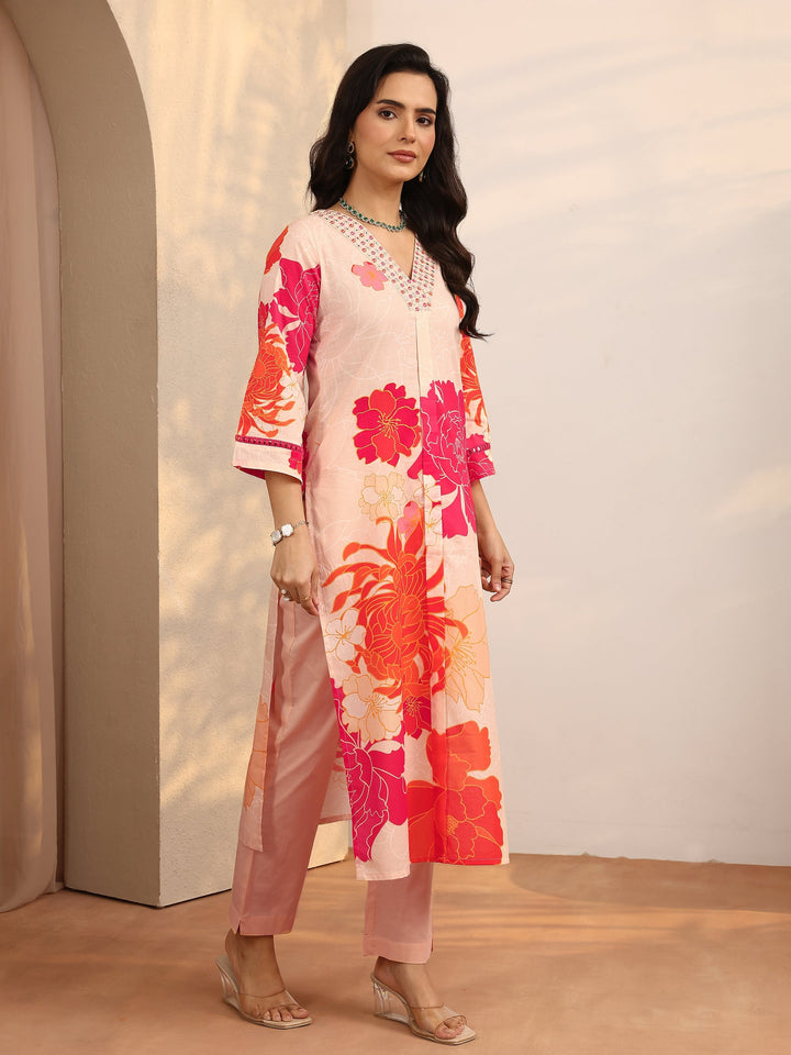 Peach Printed Cotton Straight Suit Set With Dupatta