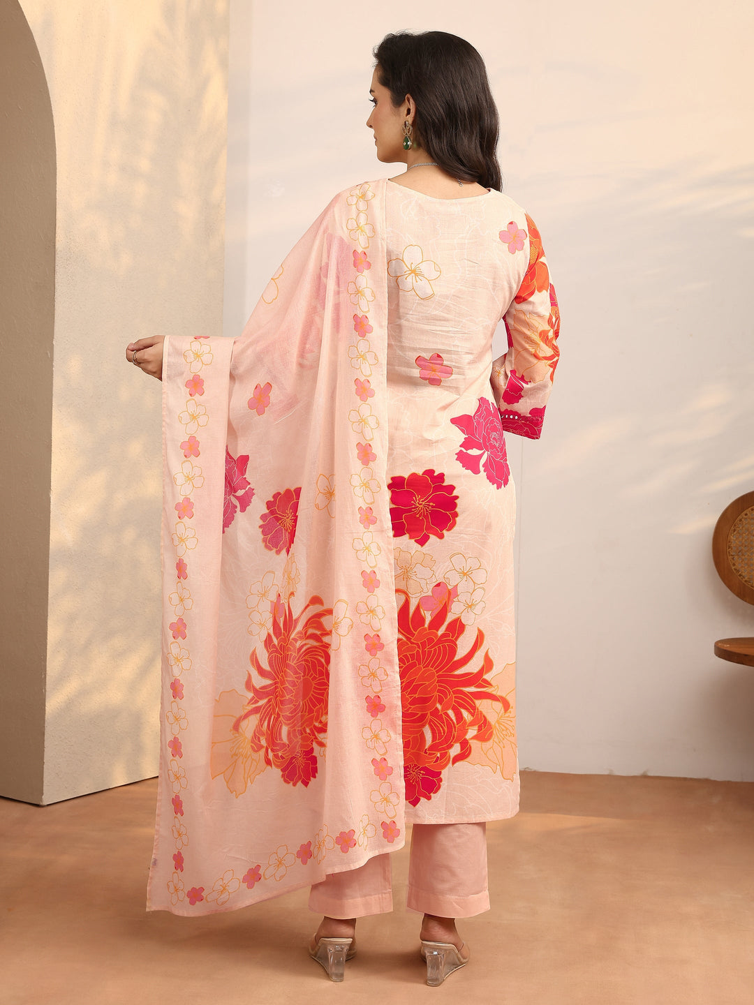 Peach Printed Cotton Straight Suit Set With Dupatta