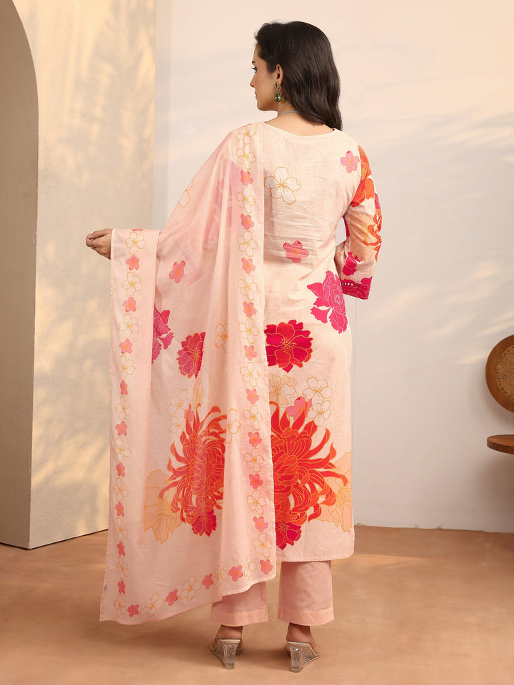 Peach Printed Cotton Straight Suit Set With Dupatta