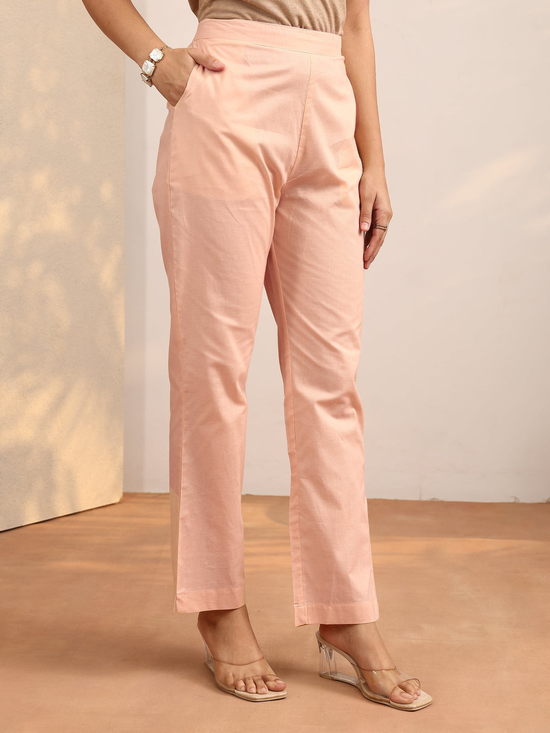 Peach Printed Cotton Straight Suit Set With Dupatta