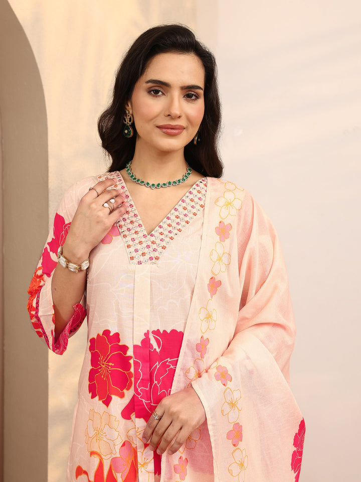 Peach Printed Cotton Straight Suit Set With Dupatta