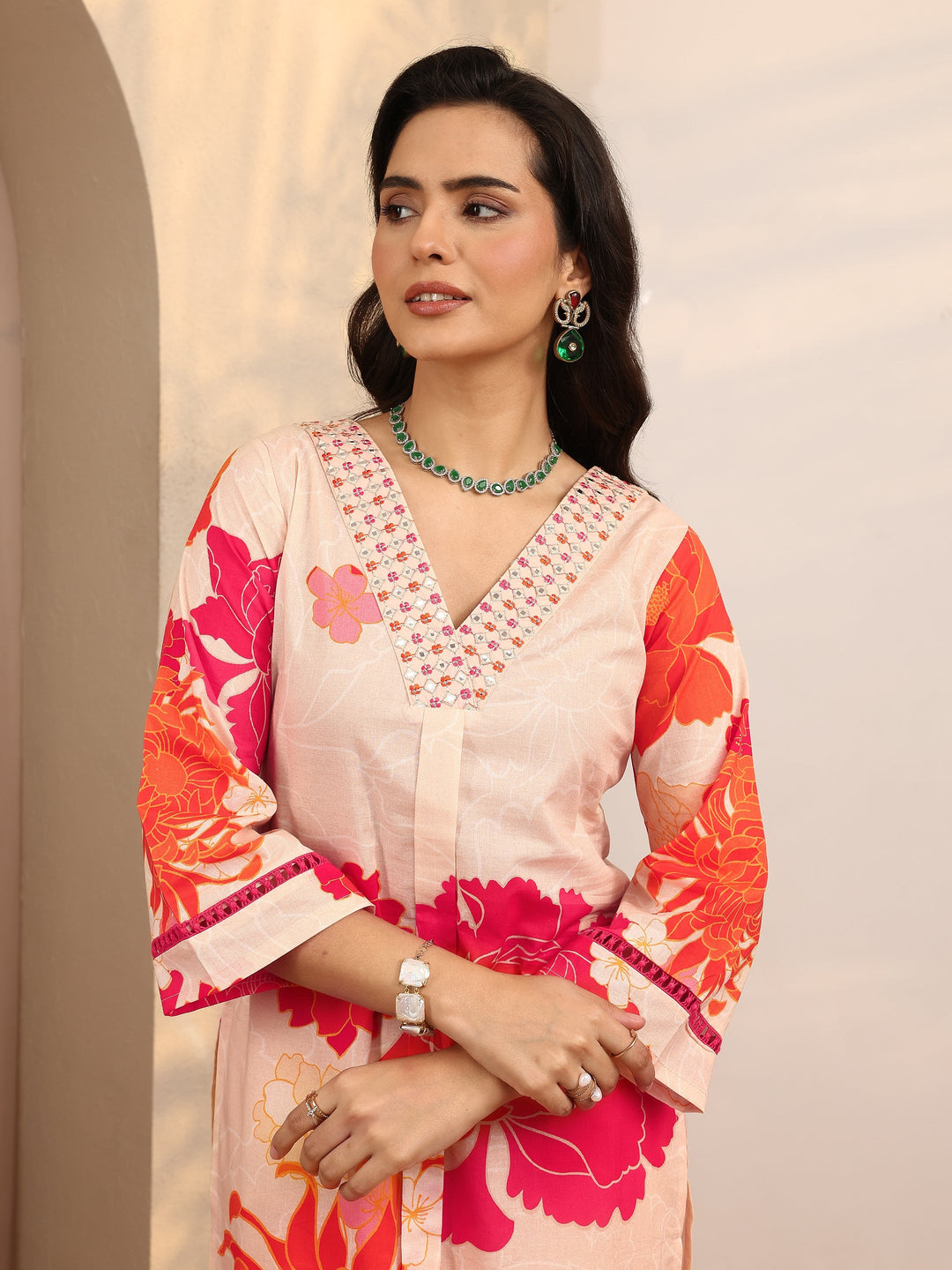 Peach Printed Cotton Straight Suit Set With Dupatta