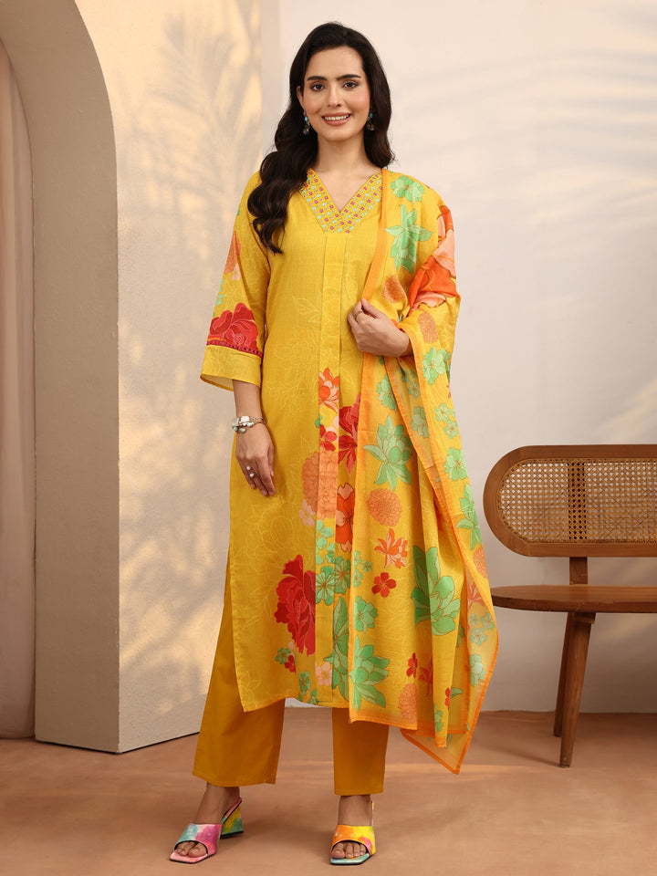 Yellow Printed Cotton Straight Suit Set With Dupatta