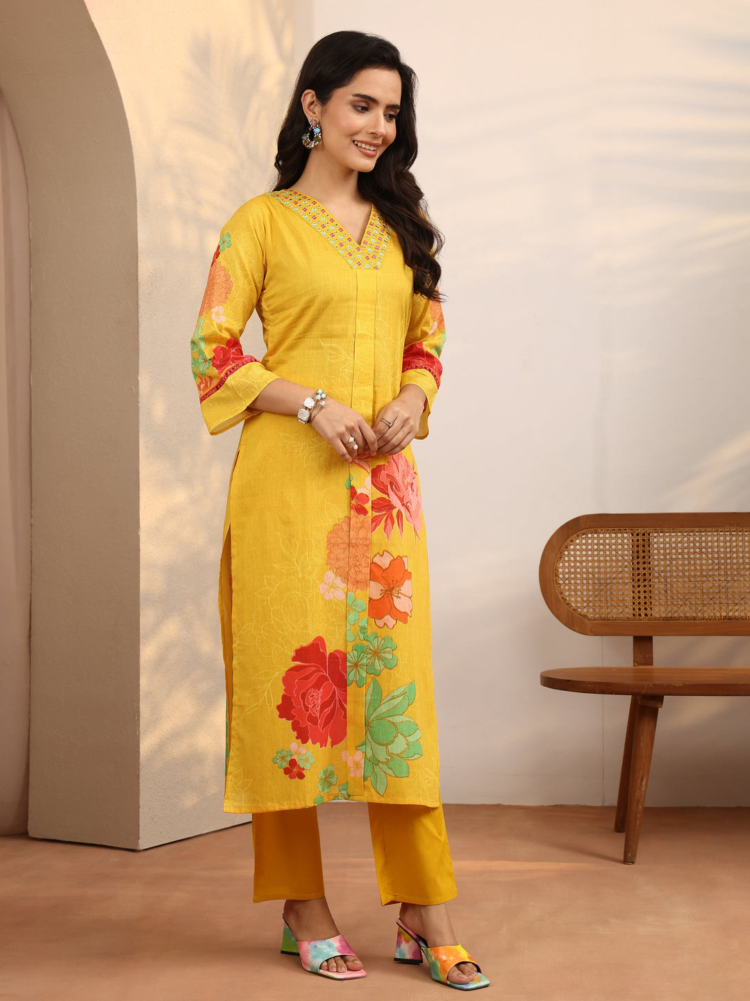 Yellow Printed Cotton Straight Suit Set With Dupatta