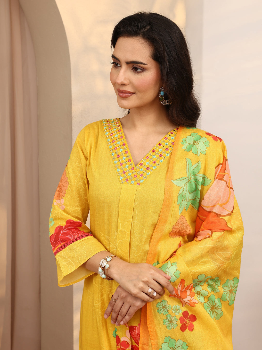 Yellow Printed Cotton Straight Suit Set With Dupatta