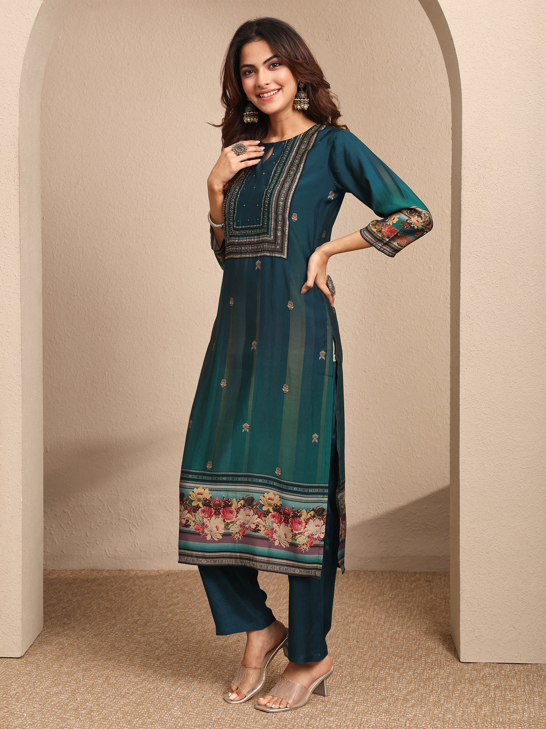 Teal Printed Silk blend Straight Suit Set With Dupatta