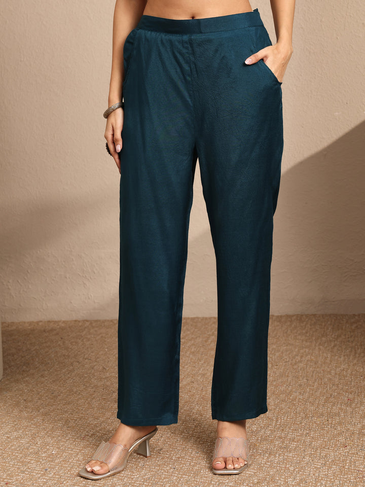 Teal Printed Silk blend Straight Suit Set With Dupatta