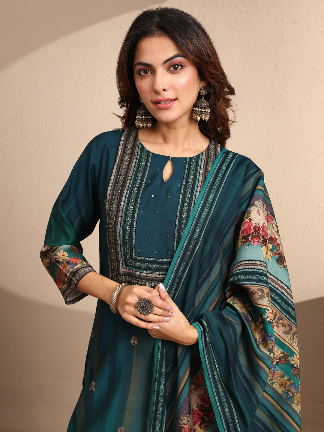 Teal Printed Silk blend Straight Suit Set With Dupatta
