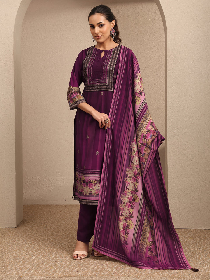Burgundy Printed Silk Blend Straight Suit Set With Dupatta